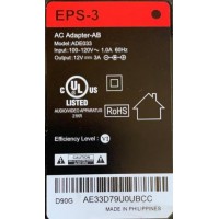 ADAPTADOR AC VCA EPS-3 / NUMERO DE PARTE ADE033/ MODELO ADE033 / ENTRADA VCA 100-120V～1A 60Hz / SALIDA VCD 12V-3A